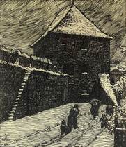 A kolozsvári Bethlen bástya télen - fametszet, papír 39,5 cm x 33,5 cm