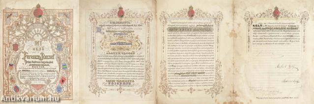 Abauj megye főispáni tisztlevél pécsujfalusi gróf Péchy Manó számára (I. Ferencz József császár, ifjabb székhelyi Mailáth György udvari főkancellár és további két személy által aláírt példány)