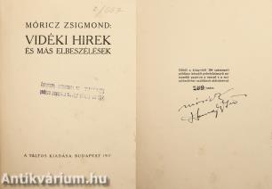 Vidéki hirek (Móricz Zsigmond és Haranghy Jenő által is aláírt, számozott példány) (Haranghy Jenő rajzaival illusztrált.)