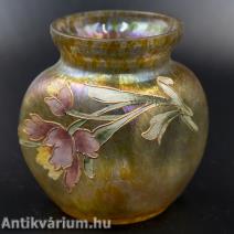 Kralik irizált lüszteres szecessziós festett papillon aranysárga üveg váza 20. század eleje 10 cm