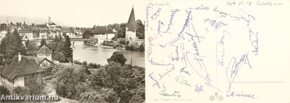 Az Aranycsapat tagjai és Kubala László által aláírt képeslap az 1954-es svájci labdarúgó-világbajnokságról (Összesen 27 aláírást tartalmaz.)
