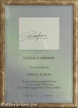 Puskás Ferenc által aláírt hitelességi tanúsítvány (Mellékletként: az Aranycsapat 1954-es, Anglia elleni mérkőzésének hivatalos műsorfüzete)