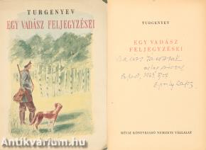 Egy vadász feljegyzései (A fordító, Áprily Lajos által dedikált példány) (Borítóterv: Csillag Vera)