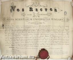 Nos Rector Et Alma Ac Celeberrima Regia Scientiarum Universitas Hungarica – Latin nyelvű jogi diploma, 1896 (Bognár István, a Budapesti Tudományegyetem rektora és Földes Béla, az egyetem jogi karának dékánja által aláírt példány.)