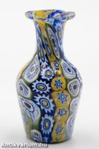 Fratelli Toso Millefiori sárga-kék üveg váza 20. század első fele 9 cm
