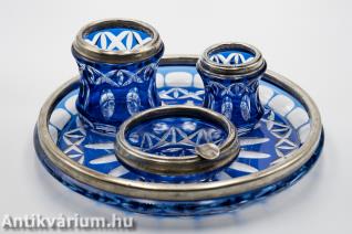 Art deco ezüst fémrátétes 4 darabos kék üveg készlet 20. század első fele
