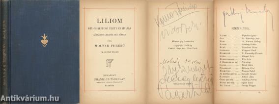 Liliom (Molnár Ferenc szerző, valamint Dayka Margit, Páger Antal, Mezey Mária és további három színész által aláírt példány)