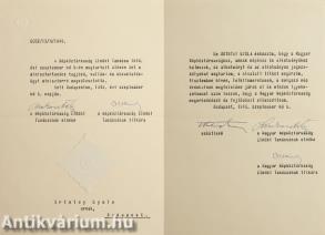 Ortutay Gyula Vallás- és Közoktatásügyi miniszterré való kinevezéséről szóló okirat/Ortutay Gyula miniszteri esküokirata - 1949. 09. 05. (Ortutay Gyula, Szakasits Árpád és Olt Károly által aláírt példány)
