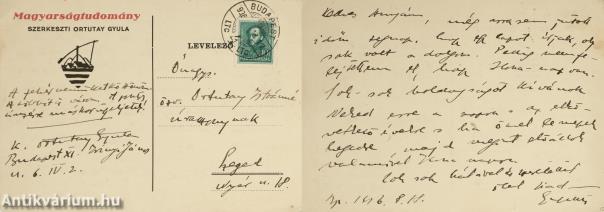 Ortutay Gyula személyes hangvételű autográf levelezőlapja édesanyja, Ortutay Istvánné részére