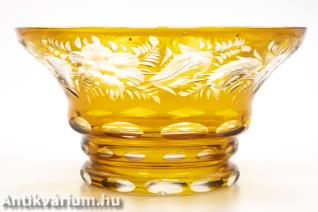 Moser art deco csiszolt gravírozott überfang borostyánsárga üveg tál 1920