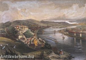 Buda és Pest a Gellérthegyről - akvarellel színezett acélmetszet, papír - 18,5 cm x 14,5 cm