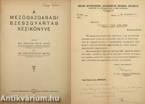 A mezőgazdasági szeszgyártás kézikönyve (Rédly Gyula által aláírt, Natter-Nád Miksa részére írt levélmelléklettel ellátott példány)