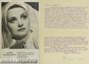 Rácz Vali színész- és énekesnő géppel írt levele egykori tanárához, Biczó Ferenc irodalomtörténészhez (aláírt példány) (Melléklet: Rácz Valit ábrázoló képeslap)