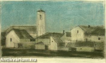 Szentendre 1962 - tus, grafit, kréta, papír 15 cm x 25 cm