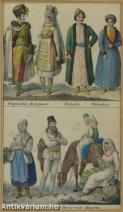 Népviselet (magyar, oláh, szlovák és erdélyi) - színezett 19. századi rézmetszet, papír, 24 cm x 14 cm