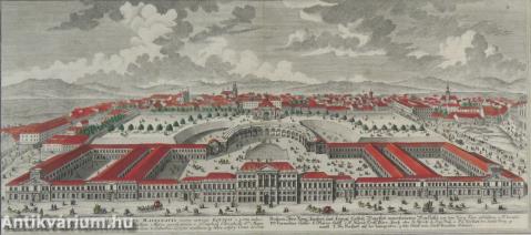 Római Császár és Királyi Katolikus Felség istállóinak látképe a várkapuból (Bécs) - rézmetszet, papír 23,5 cm x 51 cm