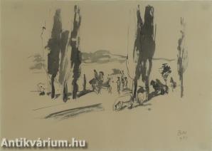 Lovasok a Balatonnál - lavírozott tus, papír 27 cm x 37,5 cm