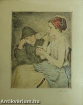 Testvérek - akvarellel színezett rézkarc, papír 35 cm x 26,5 cm