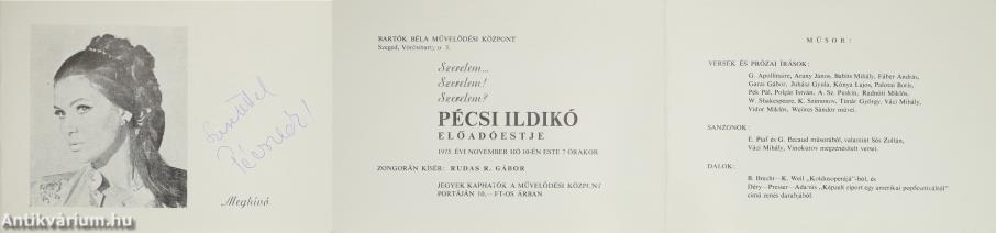 Pécsi Ildikó előadóestjére szóló meghívó (aláírt példány)