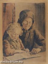 Nagymama unokával - színezett rézkarc, papír 40 cm x 30 cm