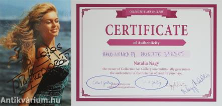 Brigitte Bardot francia színésznő és énekesnő által dedikált színes fotó