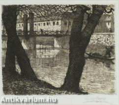 Folyópart híddal - rézkarc, papír 23,5 cm x 30 cm