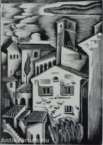 Toszkán város - fametszet, papír, 27,5 cm x 19,3 cm