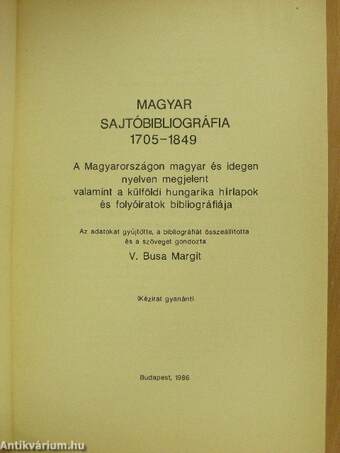 Magyar sajtóbibliográfia 1705-1849 I/1.