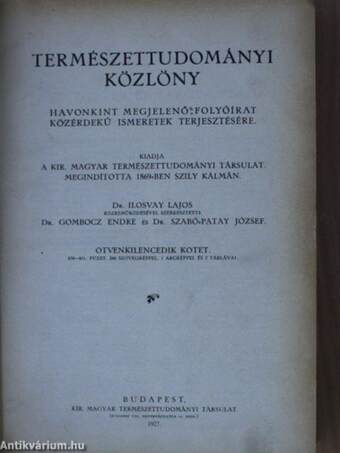 Természettudományi Közlöny 1927. (nem teljes évfolyam)/Pótfüzetek a Természettudományi Közlönyhöz 1927. január-december