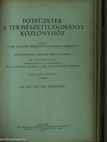 Természettudományi Közlöny 1927. (nem teljes évfolyam)/Pótfüzetek a Természettudományi Közlönyhöz 1927. január-december