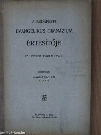 A Budapesti Evangélikus Gimnázium értesítője az 1932/1933. iskolai évről