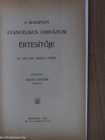 A Budapesti Evangélikus Gimnázium értesítője az 1932/1933. iskolai évről