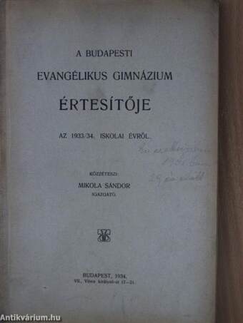 A Budapesti Evangélikus Gimnázium értesítője az 1933/34. iskolai évről