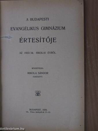 A Budapesti Evangélikus Gimnázium értesítője az 1933/34. iskolai évről