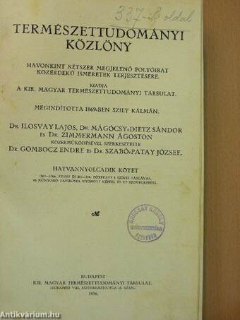 Természettudományi Közlöny 1936. január-december/Pótfüzetek a Természettudományi Közlönyhöz 1936. január-december