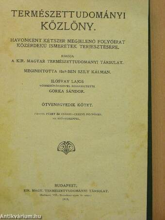 Természettudományi Közlöny 1919. január-december/Pótfüzetek a Természettudományi Közlönyhöz 1919. január-december