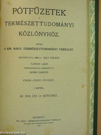 Természettudományi Közlöny 1919. január-december/Pótfüzetek a Természettudományi Közlönyhöz 1919. január-december