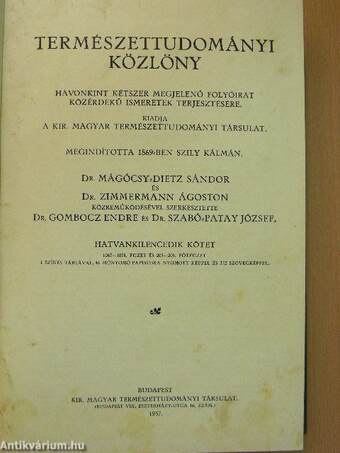 Természettudományi Közlöny 1937. január-december/Pótfüzetek a Természettudományi Közlönyhöz 1937. január-december