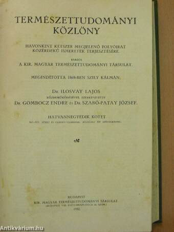 Természettudományi Közlöny 1932. január-december/Pótfüzetek a Természettudományi Közlönyhöz 1932. január-december