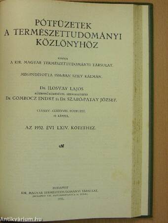 Természettudományi Közlöny 1932. január-december/Pótfüzetek a Természettudományi Közlönyhöz 1932. január-december