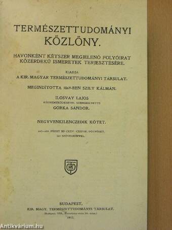 Természettudományi Közlöny 1917. január-december/Pótfüzetek a Természettudományi Közlönyhöz 1917. január-december