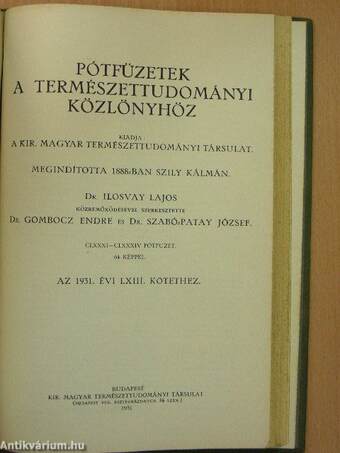 Természettudományi Közlöny 1931. január-december/Pótfüzetek a Természettudományi Közlönyhöz 1931. január-december