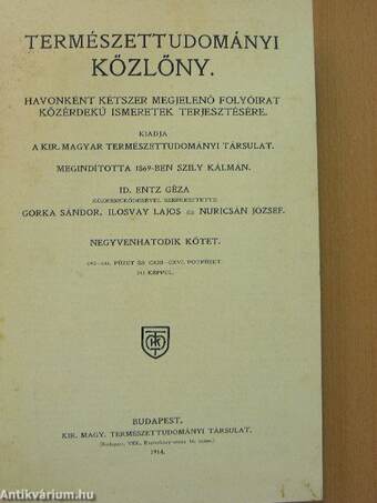 Természettudományi Közlöny 1914. január-december/Pótfüzetek a Természettudományi Közlönyhöz 1914. január-december