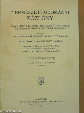 Természettudományi Közlöny 1913. január-december/Pótfüzetek a Természettudományi Közlönyhöz 1913. január-december