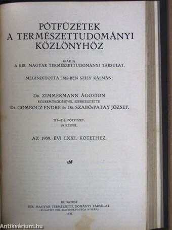 Természettudományi Közlöny 1939. január-december/Pótfüzetek a Természettudományi Közlönyhöz 1939. január-december