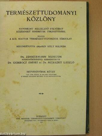 Természettudományi Közlöny 1943. január-december/Pótfüzetek a Természettudományi Közlönyhöz 1943. január-december