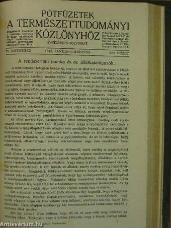 Természettudományi Közlöny 1943. január-december/Pótfüzetek a Természettudományi Közlönyhöz 1943. január-december