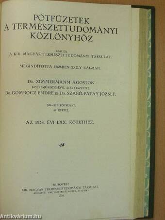 Természettudományi Közlöny 1938. január-december/Pótfüzetek a Természettudományi Közlönyhöz 1938. január-december