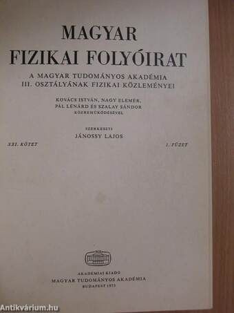 Magyar Fizikai Folyóirat XXI. kötet 1-6. füzet