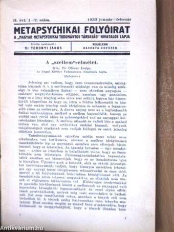 Metapsychikai folyóirat 1933. január-február